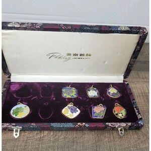 7 PC Cloisonne Peking Jewelry Pendant Set In Original Case